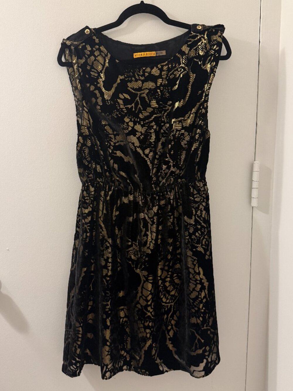 ALICE + OLIVIA Hope Blouson Velvet Gold & Black Dress (Medium)